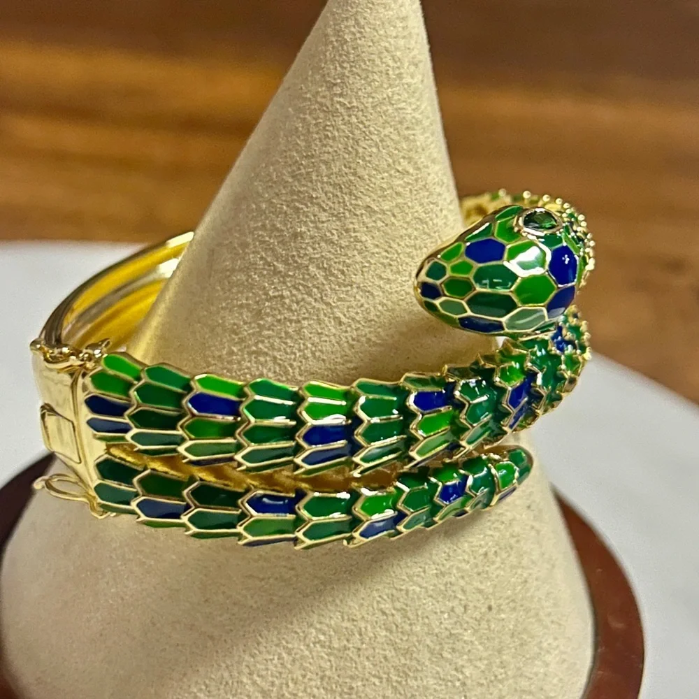 Rachel Glauber 14K Gold Plated W/ Green/Blue Cubic Zirconia 3D Serpent Bracelet - Picture 10 of 16